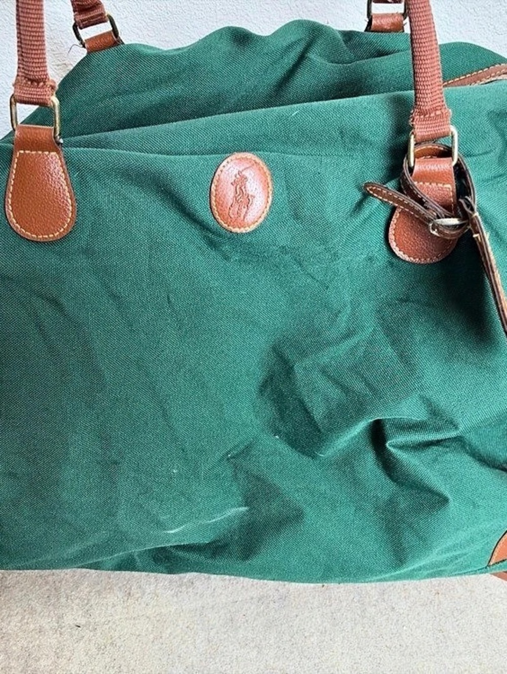 VTG Polo Ralph Lauren Duffel Bag Green Canvas Leather Trim Weekender Travel 90s